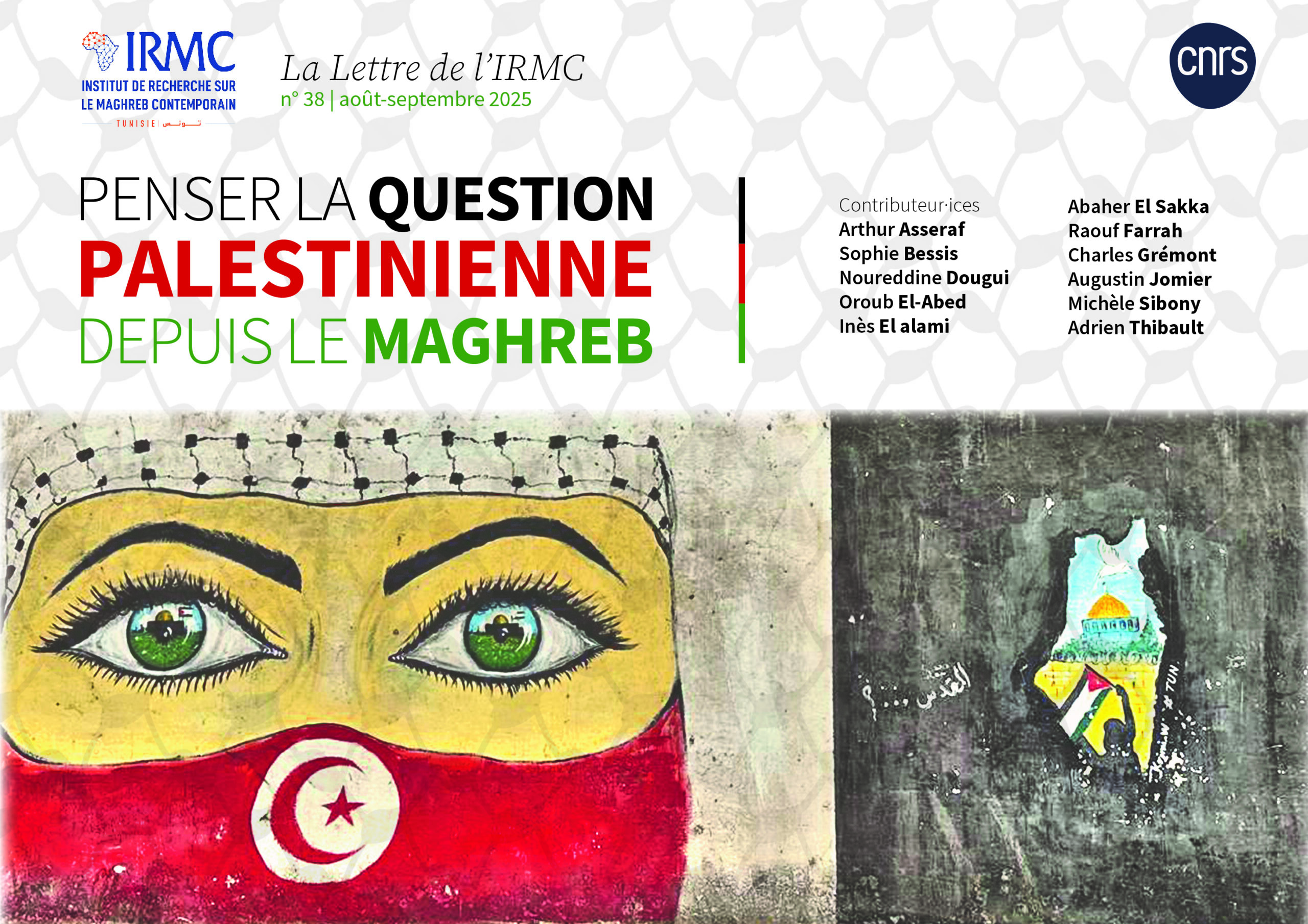 Couverture de La Lettre de l'IRMC n° 38, montrant une peinture murale de Bab Menara (Tunis) représentant une femme coiffée d'un keffieh et dont le visage est recouvert d'un drapeau tunisien.